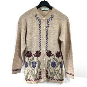 Vtg. Pure Wool Cardigan Sweater Womens Beige S/M Floral Embroideries Made In U.K